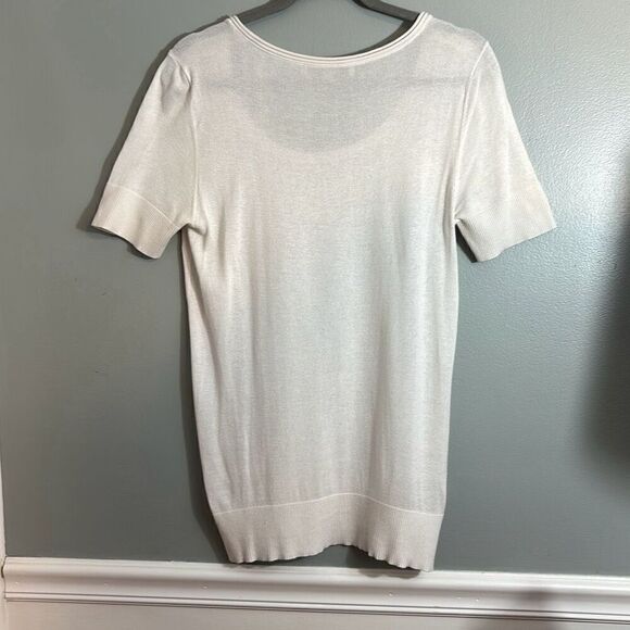 LOFT white scoop neck short sleeve fine rib & rolled trim sweater L - Picture 4 of 7